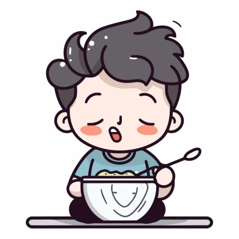 Boy Eating Rice Bowl - Cute Cartoon Vector Illustrationï»