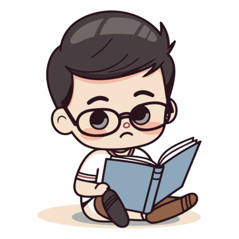 Cute Boy Reading Book - Cartoon Vector Illustration
