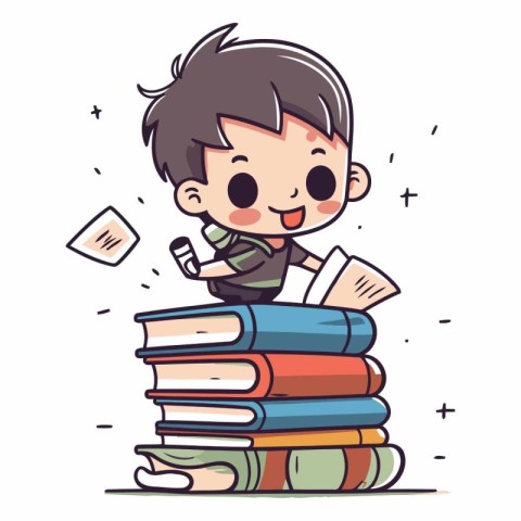 Boy reading a book on stack of books. Vector cartoon illustratio