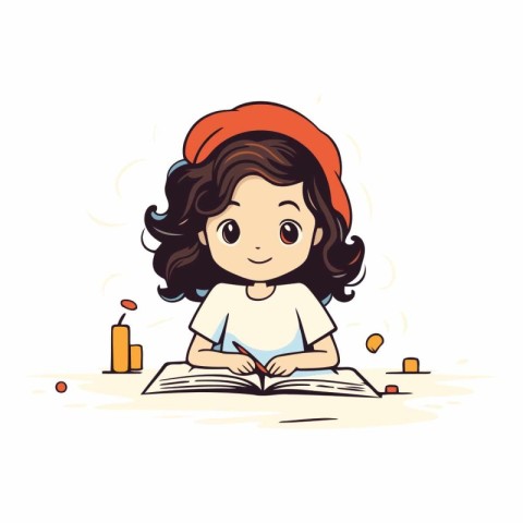 Cute little girl reading a book in cartoon style.