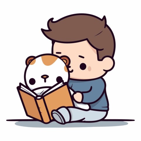 Boy Reading Book - Cute Cartoon Vector Illustration