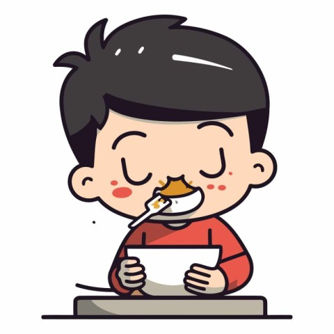 Boy Eating Food - Cute Cartoon Vector Illustration