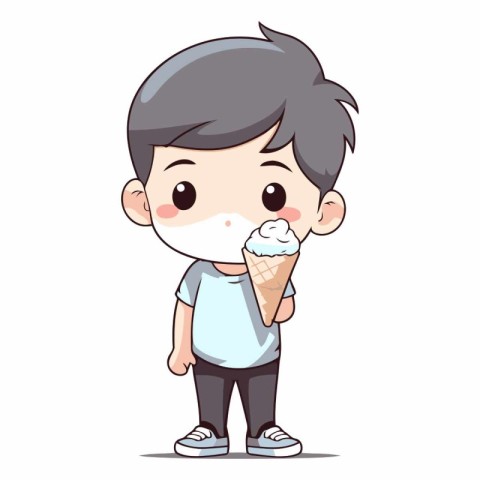 Cute boy with ice cream in his mouth.