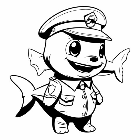 Black and White Cartoon Illustration of Cute Little Fish Policem