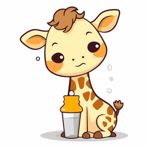 Cute giraffe drinking milk from a bottle.