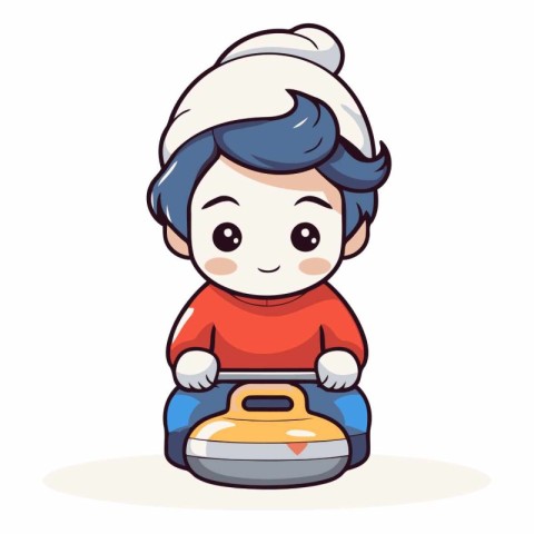 Cartoon boy riding a toy car isolated on white background.