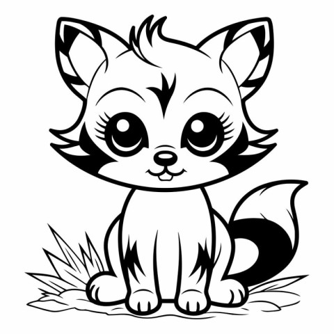 Cute Fox - Black and White Cartoon Illustration. Isolated On Whi