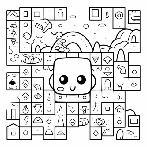 Black and white maze for kids with a cute cartoon dog.
