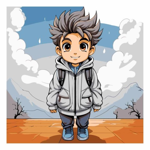 Vector illustration of a boy in a raincoat on a background of th