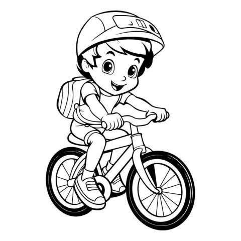 Boy in helmet riding bicycle. Black and white vector illustratio