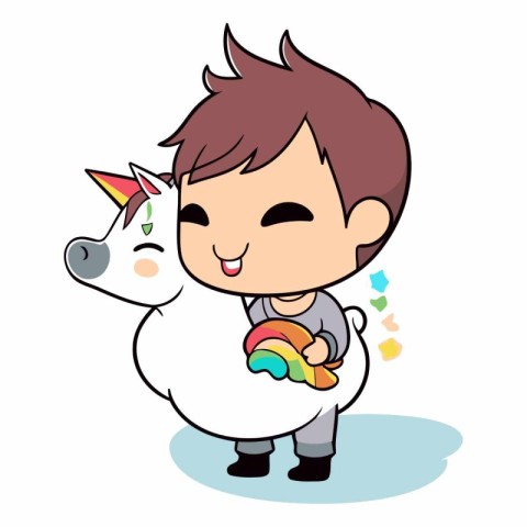 Boy and unicorn - Cute Cartoon Vector Illustration