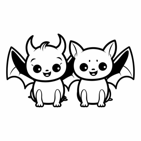 cute little bats couple kawaii characters vector illustration d