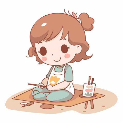 Girl painting on the beach. Cute cartoon style.