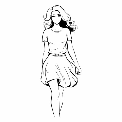 Fashion girl sketch of beautiful woman in skirt.
