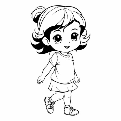 Cute little girl cartoon in black and white vector illustration