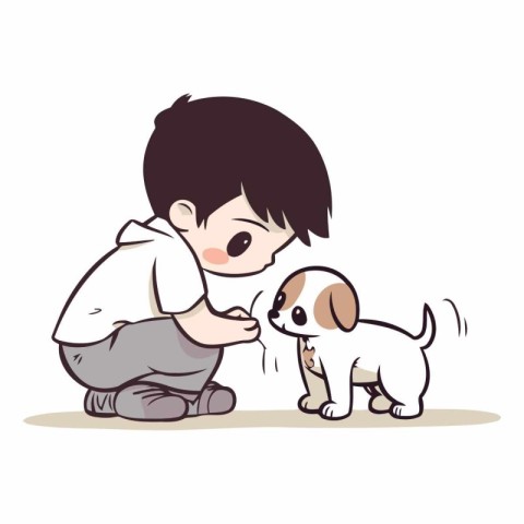 Little boy playing with a puppy. Cute cartoon vector illustratio