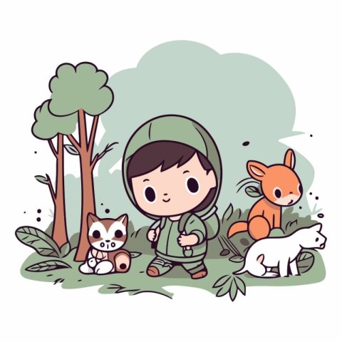 Cute little boy in the forest with animals.