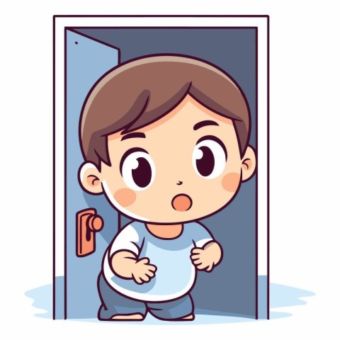 Boy in front of the door in cartoon style.
