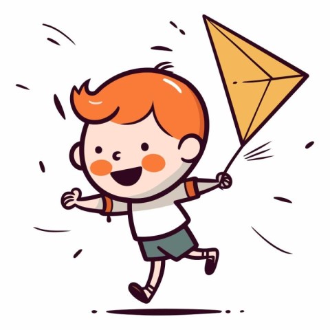 Cute Boy Flying a Kite - Cartoon Vector Illustration