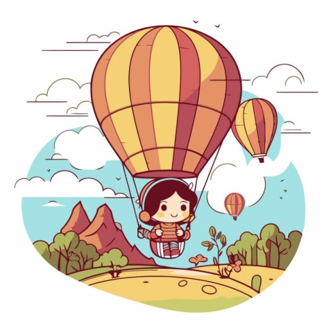 Hot air balloon and cute girl cartoon in the landscape vector il