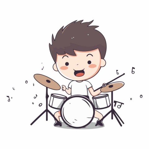 Little boy playing drums. Cute cartoon character.