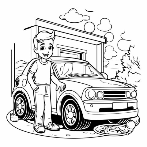 Teenager boy standing next to his car. black and white vector il