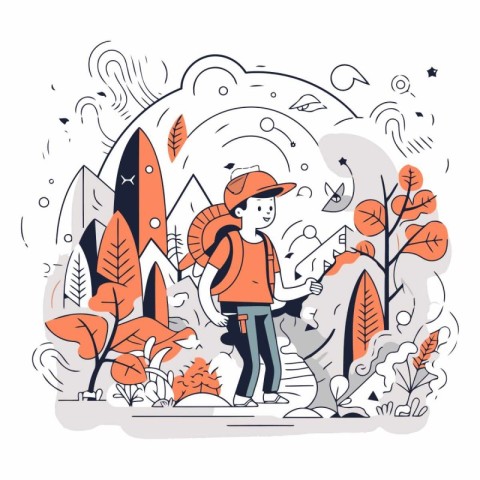 Vector illustration of a young man with a backpack hiking in the