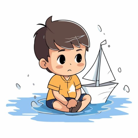 Boy playing with a sailboat in the water.