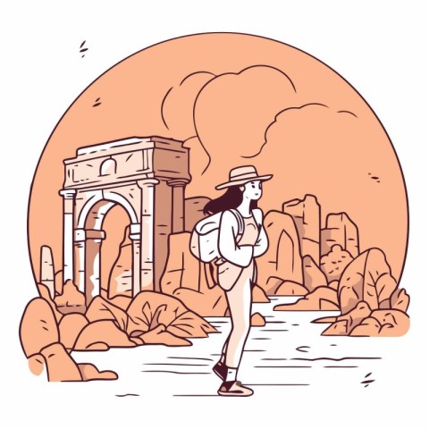 Vector hand drawn illustration of a girl in a hat and with a bac
