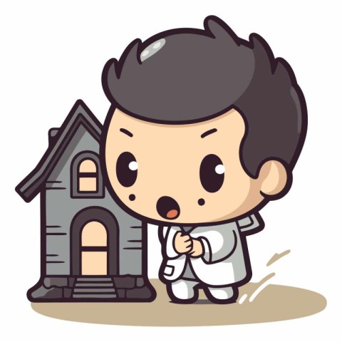 Boy and house - Cute Kid Cartoon Vector Illustration