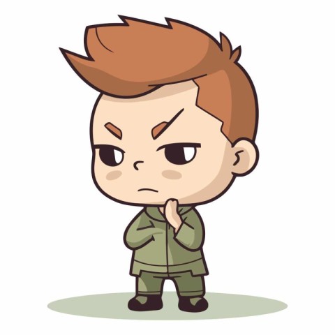 Pensive Boy - Cute Cartoon Army Vector Illustration