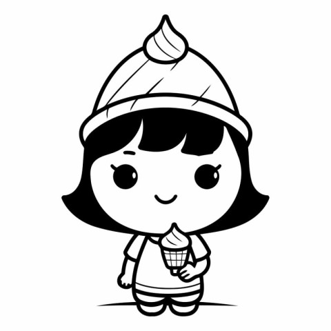 Cute Cartoon Girl with Ice Cream - Black and White Vector Illust