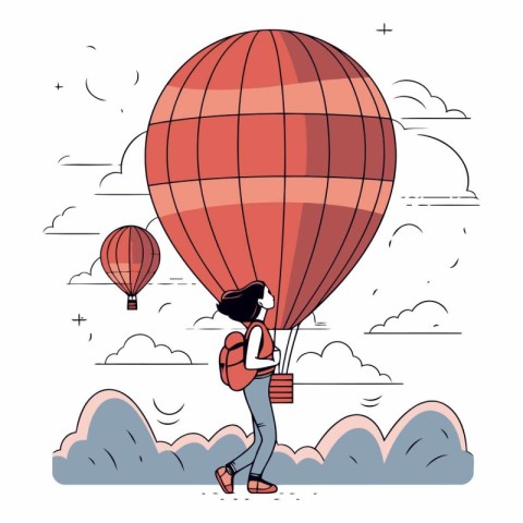 Tourist with backpack and hot air balloon cartoon vector illustr
