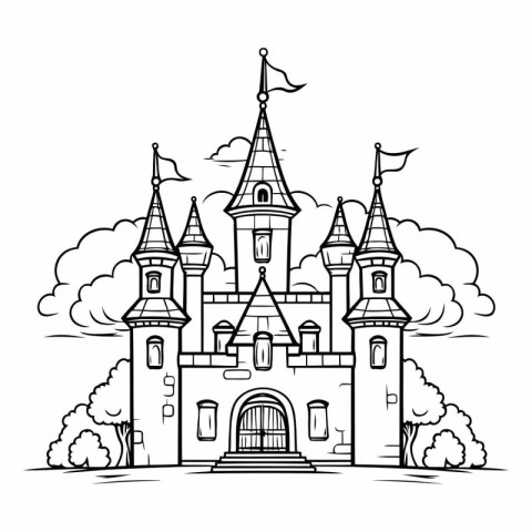 Fairy tale castle. Fairy tale castle. Black and white vector ill