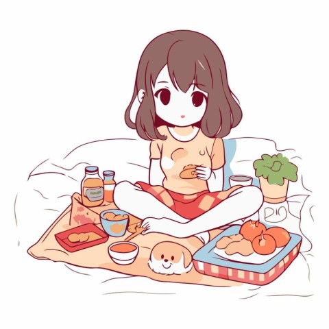 Illustration of a cute little girl eating breakfast on the bed.