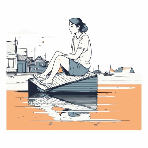 Young woman sitting on a jetty near the sea