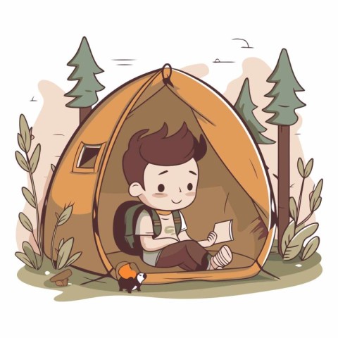 Illustration of a Cute Boy Sitting Inside a Tent Reading a Book