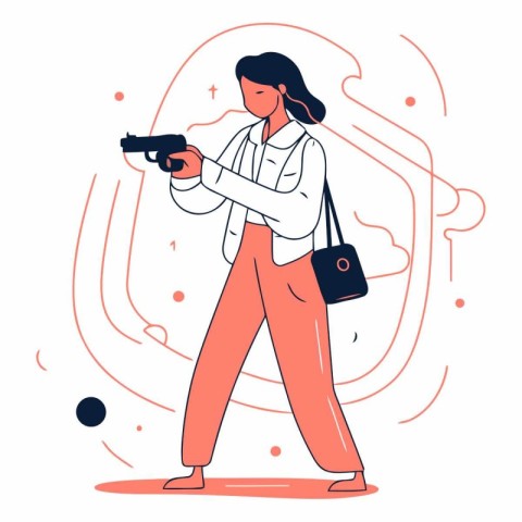 Woman with a gun in her hand in a flat style.