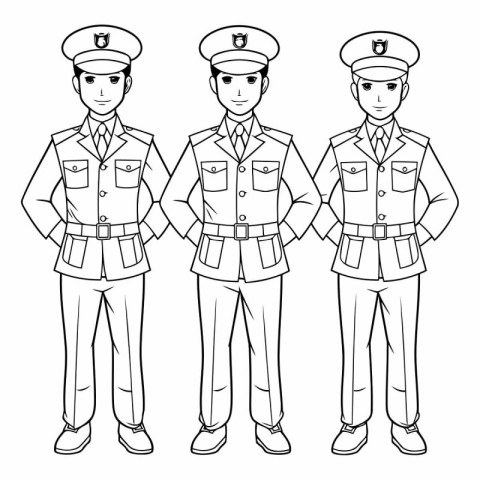 Police officers line art vector illustration. Policeman in unifo